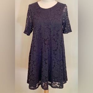 Sharagano Nanette Navy Blue Lace Short Sleeve  Lined Swing Party Dress Size 8